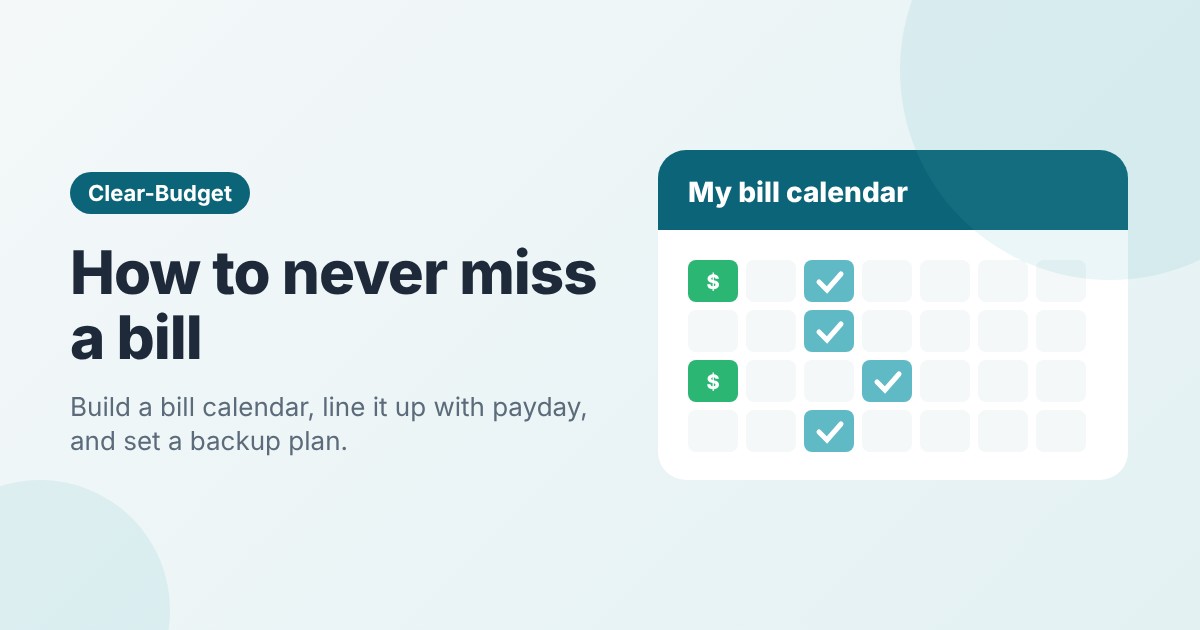 Bill calendar illustration with paydays marked with dollar signs and paid bills marked with check marks