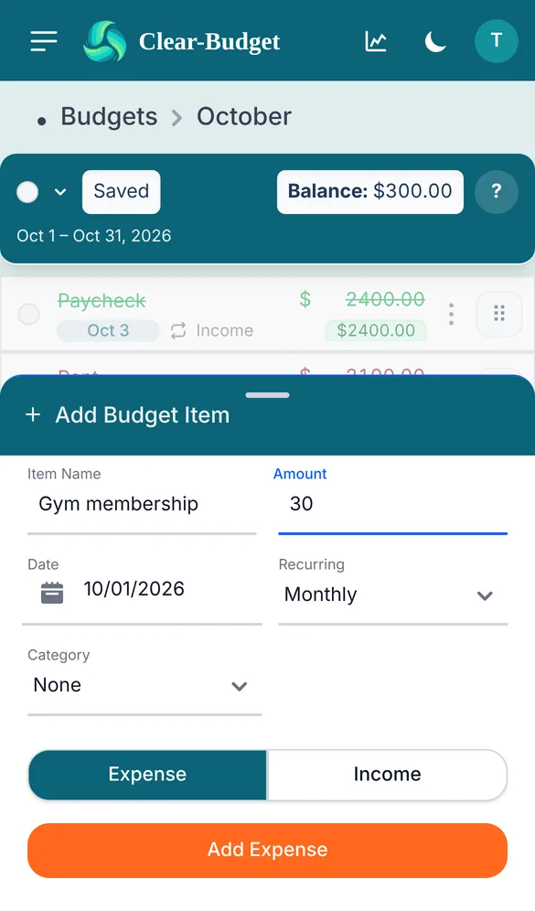 Adding a monthly gym membership as an expense in the Clear-Budget app on a phone