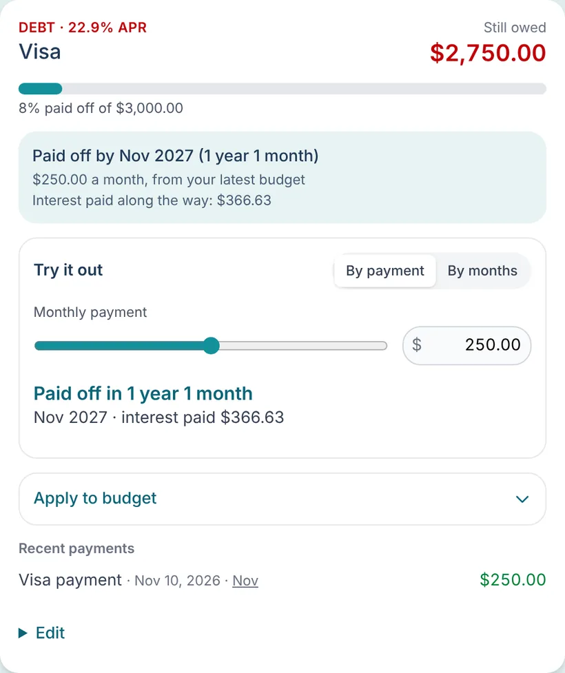 A credit card bucket showing the balance owed, the payoff date and the interest paid at $250 a month