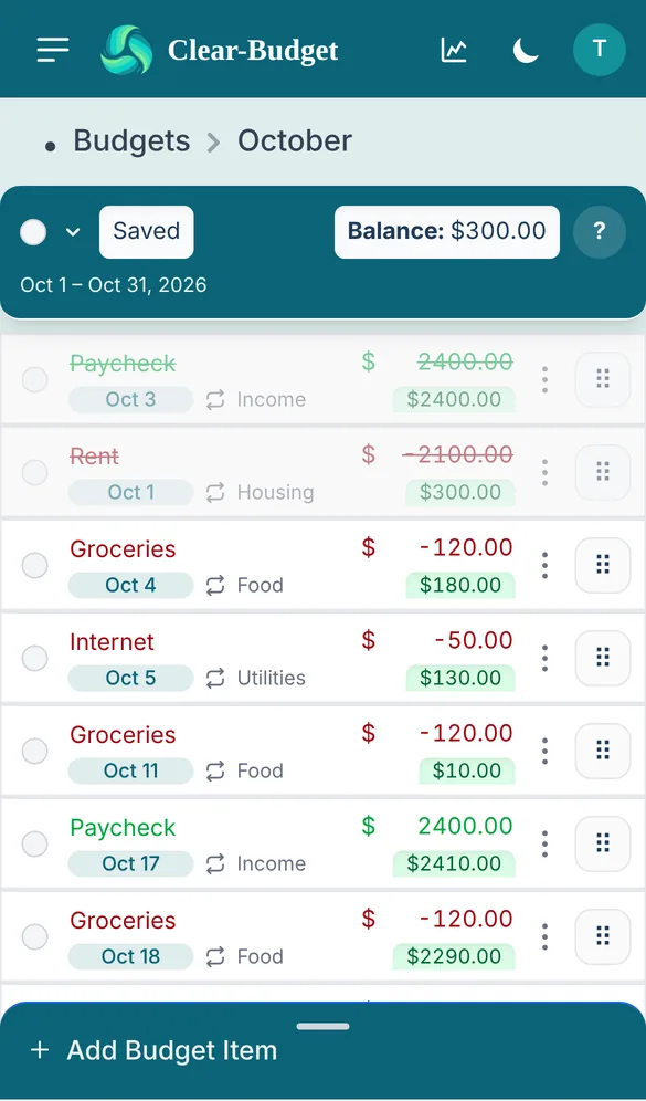 The Clear-Budget budget planner on a phone, showing paychecks and bills by date with the balance after each one