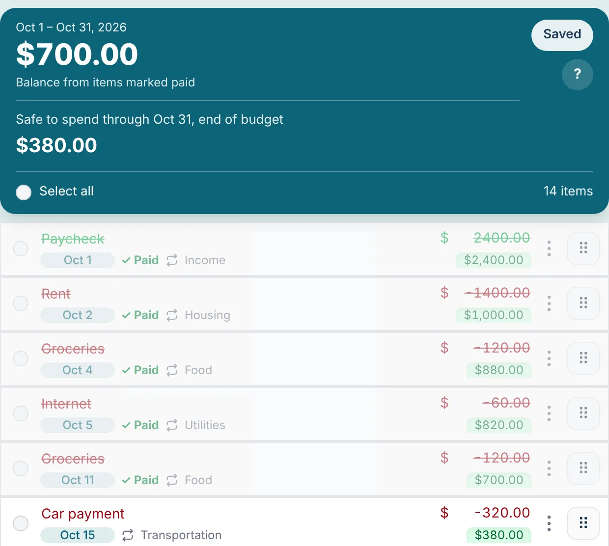 The top of a budget showing a $700 balance and $380 safe to spend through the end of the budget, above the bills still to come
